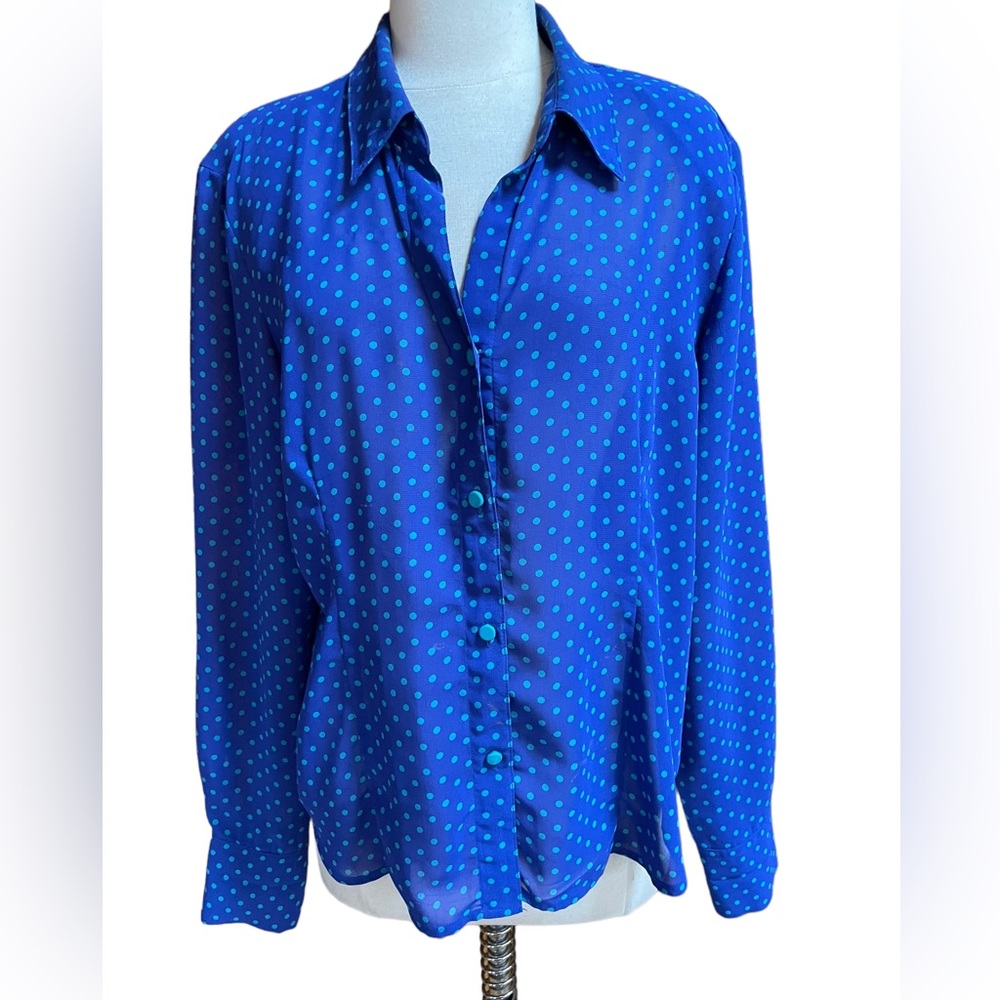 1980s‎ Bisou Jeans Polka Dot, Semi-Sheer, V-Neck, Button Down Blouse